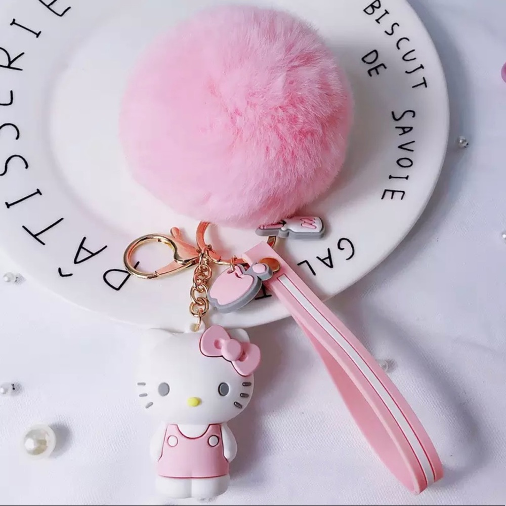 Hello Kitty Cute Sanrio Keychains with Fluffy Rabbit Fur Ball